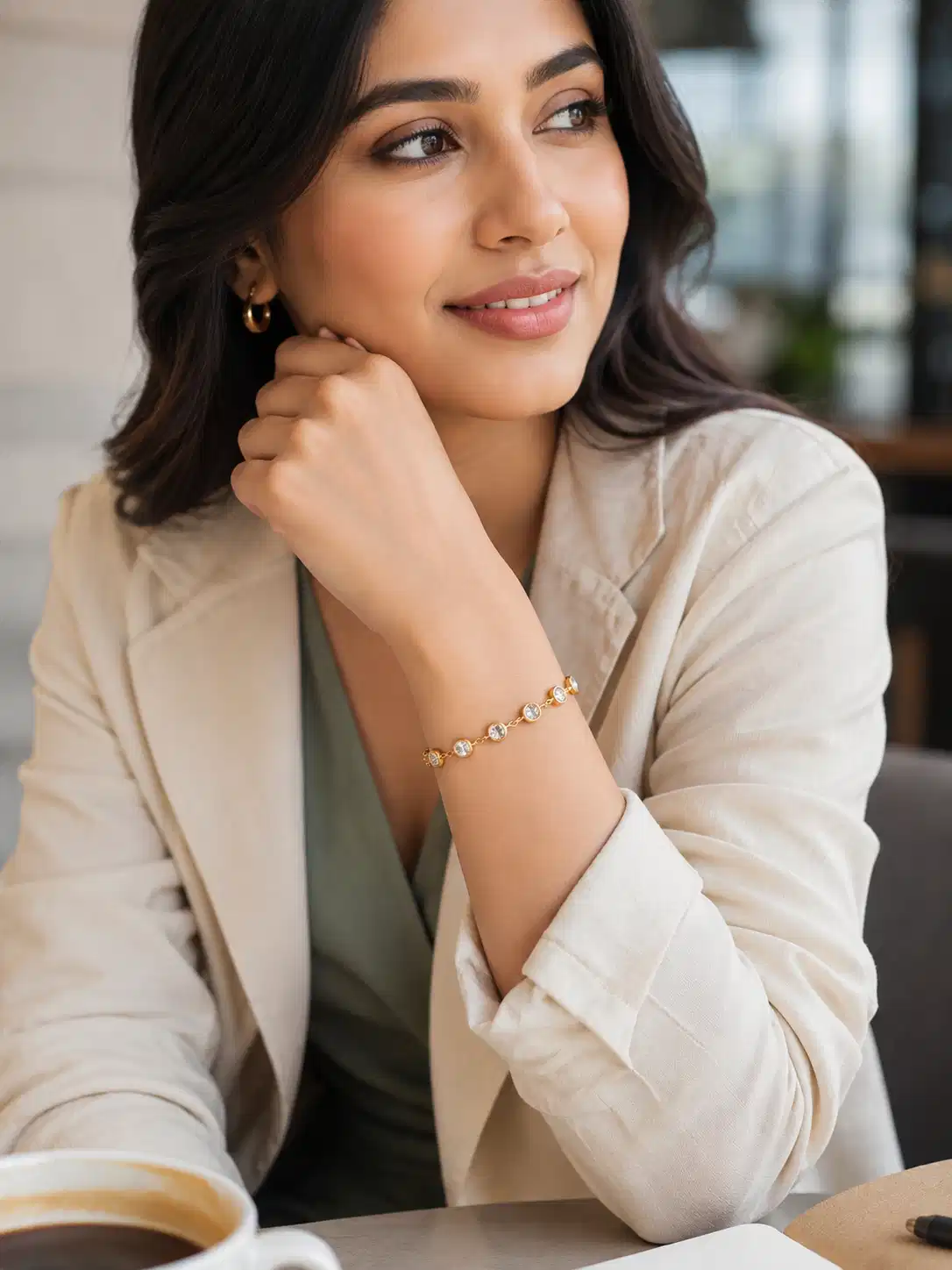 Woman wearing Elara gold plated tennis bracelet with bezel-set CZ stones for office wear