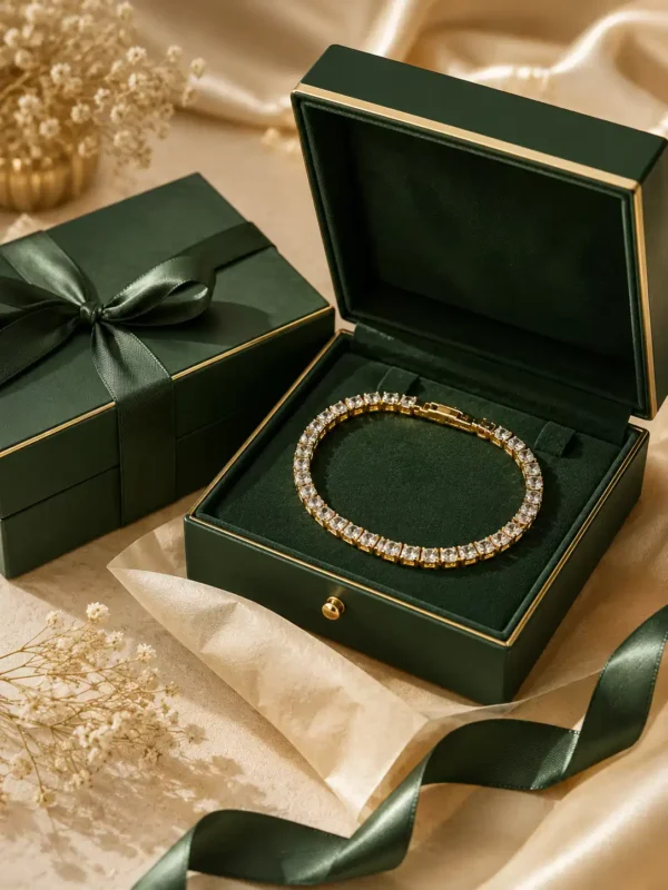 Gold CZ tennis bracelet in green gift box with satin ribbon