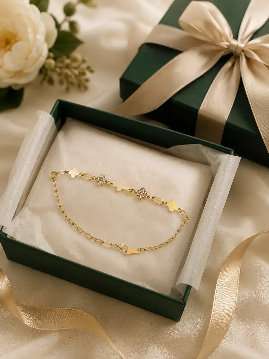 Elara anti-tarnish gold clover bracelet in gift box with ribbon and flowers