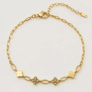 Elara anti-tarnish gold clover bracelet with polished and crystal-studded clover charms