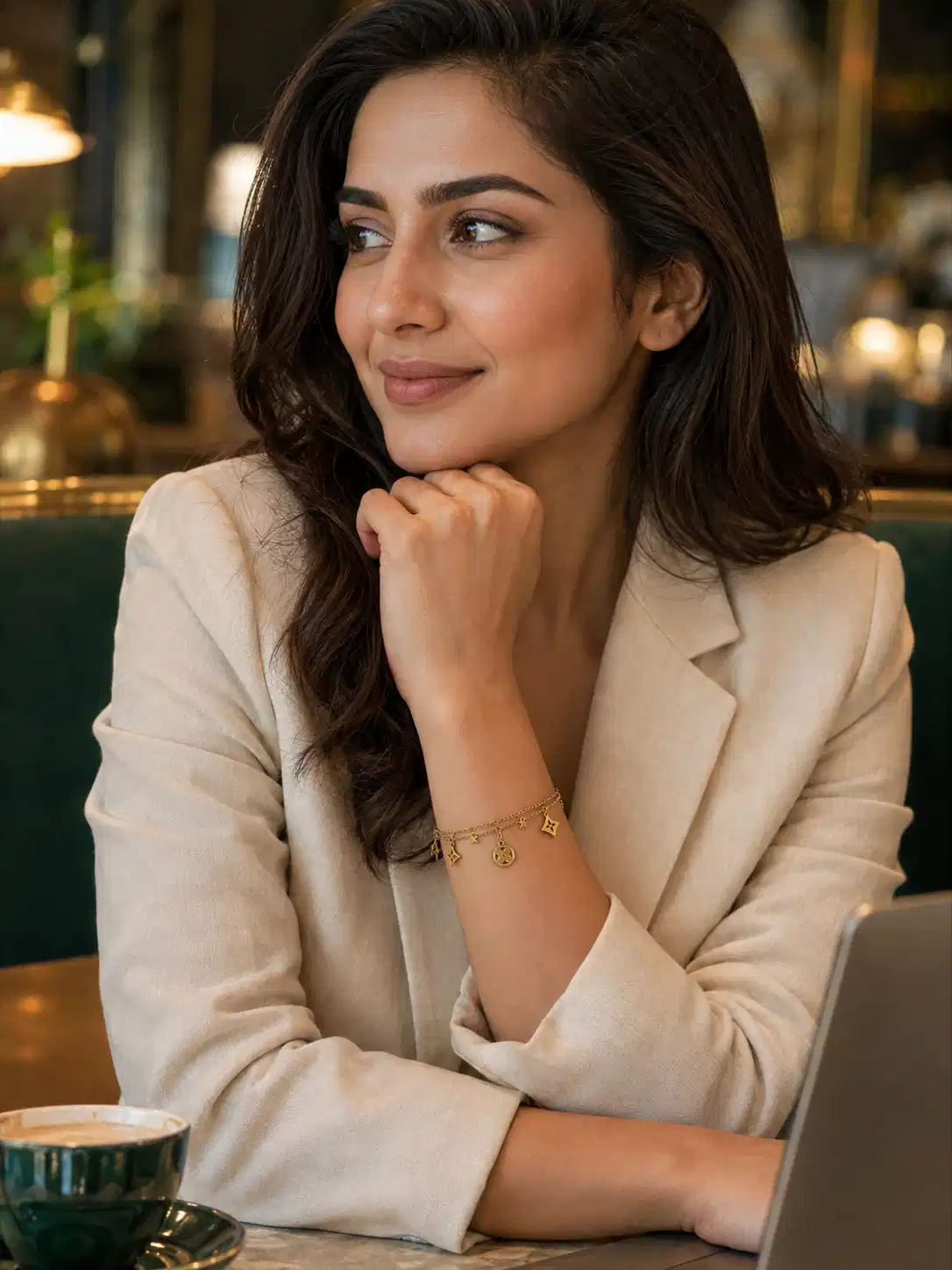 Woman in beige blazer wearing a gold double-layer charm bracelet with dangling geometric motifs