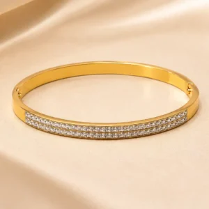 Anti-tarnish gold bangle for women with two rows of clear cubic zirconia stones