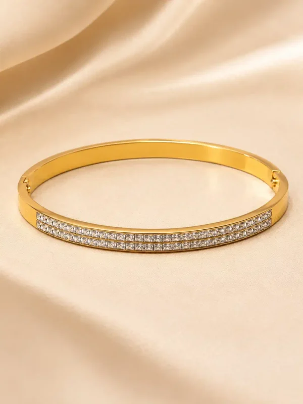 Anti-tarnish gold bangle for women with two rows of clear cubic zirconia stones