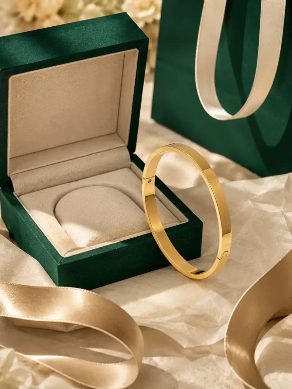 Anti-tarnish gold bangle beside premium jewellery box and gift packaging