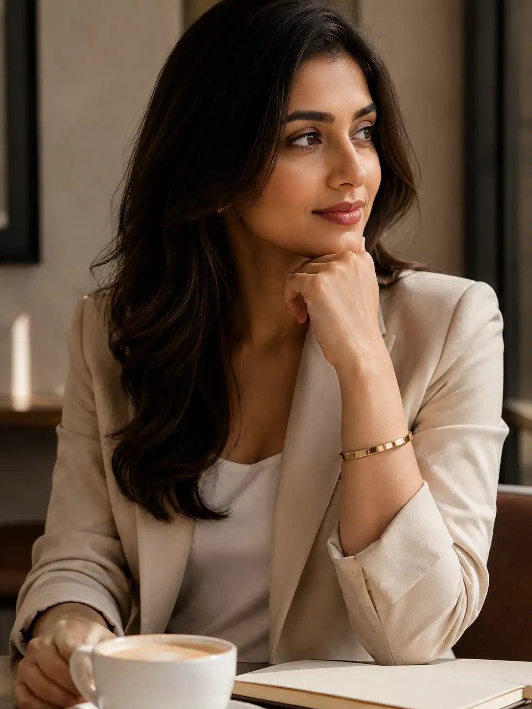 Woman wearing minimal anti-tarnish gold bangle with beige blazer for office wear