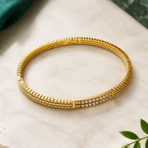Anti-tarnish gold crystal bangle for women with textured band and double-row crystal centre
