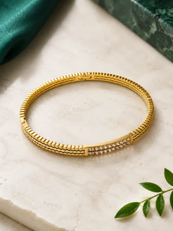 Anti-tarnish gold crystal bangle for women with textured band and double-row crystal centre