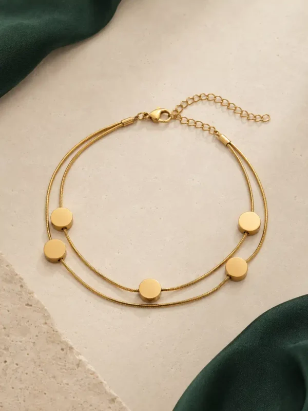 Golden Orbit anti-tarnish double-strand gold-toned disc bracelet with lobster clasp and adjustable extension chain