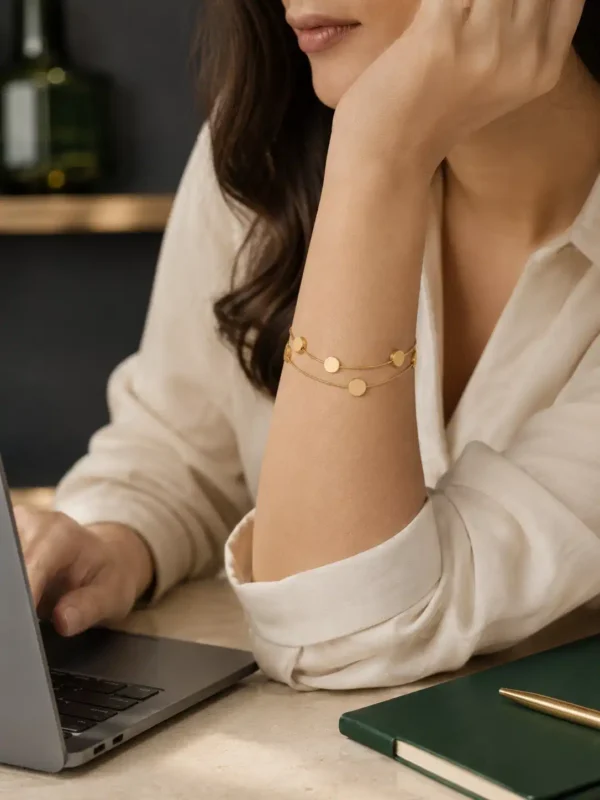 Woman wearing Golden Orbit double-strand gold-toned disc bracelet with a cream shirt while working at a laptop