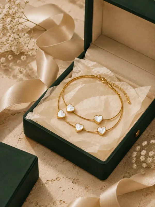 Gold double-strand pearl heart bracelet in premium gift box presentation