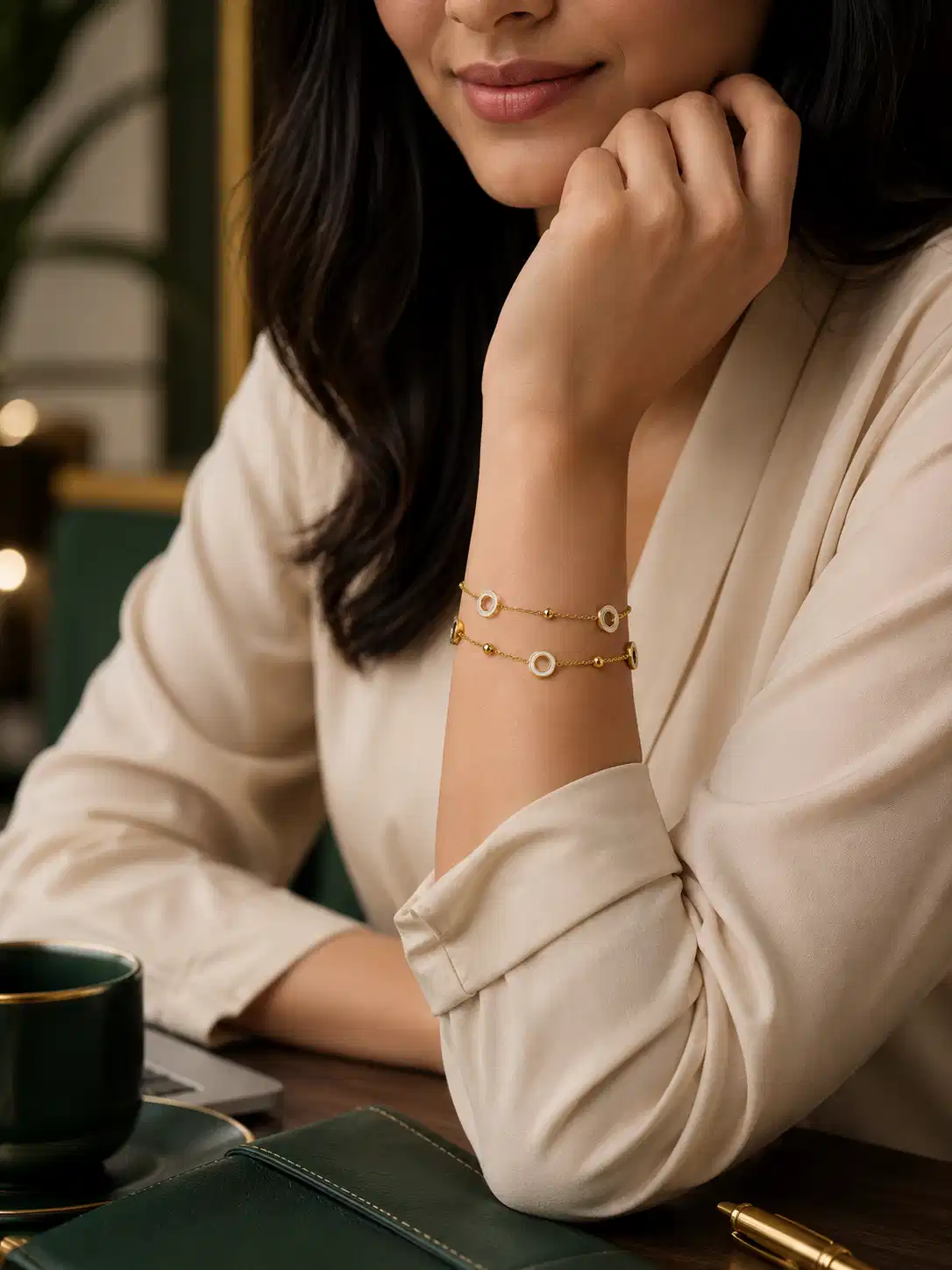 Woman wearing minimal double-layer gold and white circle bracelet for office wear