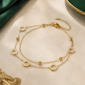 Anti-tarnish double-layer gold bracelet with white circle charms and polished beads