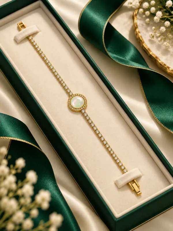 Gold mother-of-pearl tennis bracelet displayed in green jewellery box