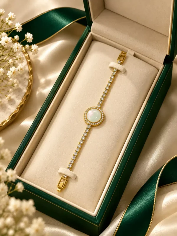 Full-length gold CZ bracelet with round mother-of-pearl halo centrepiece