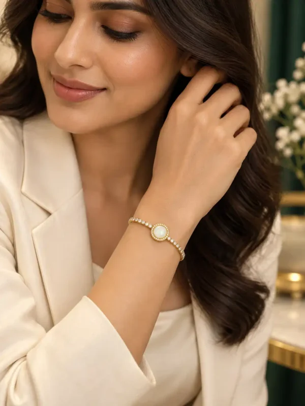 Woman wearing gold mother-of-pearl tennis bracelet with cream office outfit