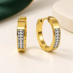 Anti-tarnish gold crystal huggie hoop earrings with double-row clear stone detail
