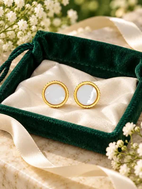 Gold mother-of-pearl stud earrings displayed in green velvet jewellery pouch