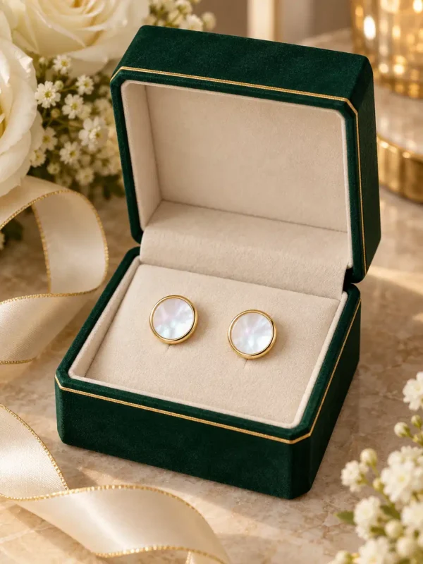 Close-up of round gold mother-of-pearl stud earrings with textured fluted edging