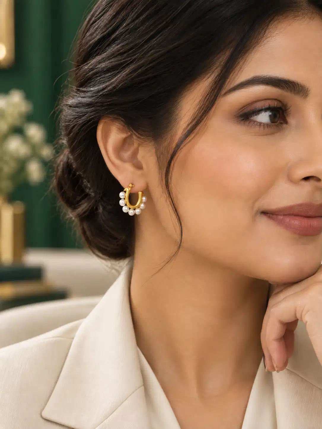 Woman wearing gold pearl hoop earrings with a cream blazer for an elegant office wear look