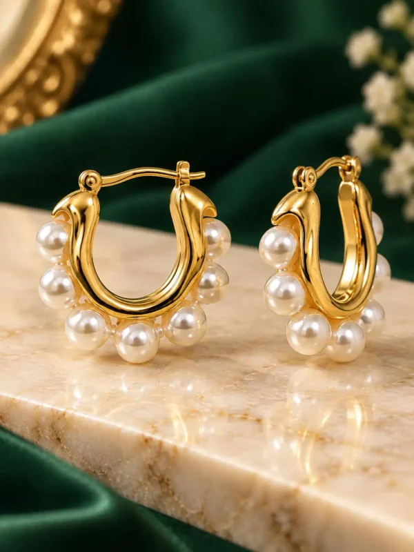Close-up of gold U-shaped pearl hoop earrings showing white pearls and hinged closure