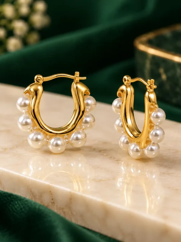 Gold-plated pearl hoop earrings with white faux pearls shown from a three-quarter angle