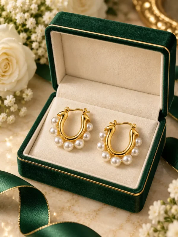 Gold pearl hoop earrings displayed in an emerald green jewellery box