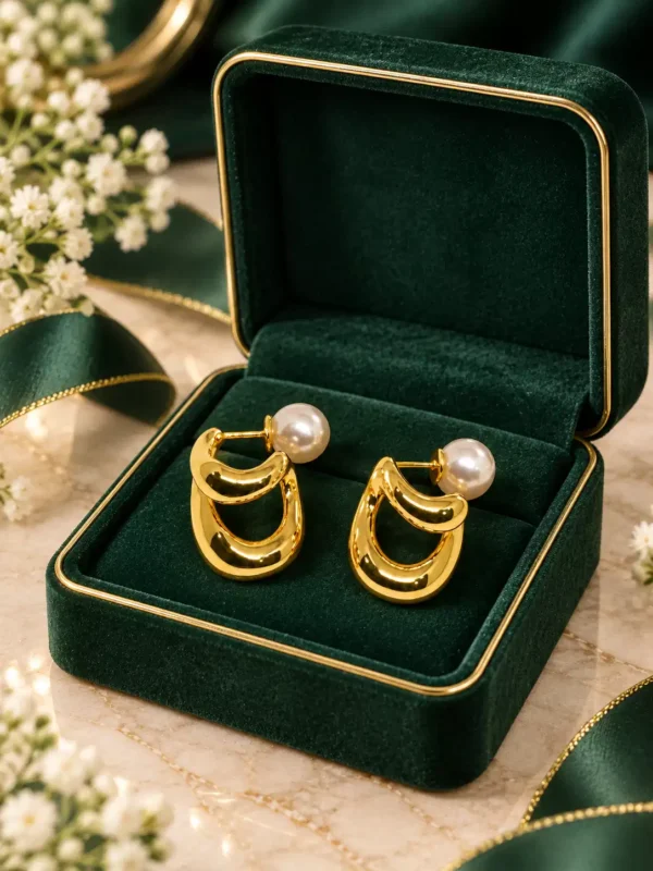 Gold pearl swirl stud earrings displayed in a dark green jewellery box