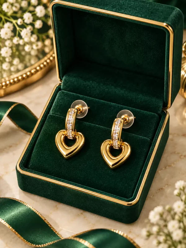 Anti-tarnish gold heart crystal earrings displayed in an emerald jewellery box