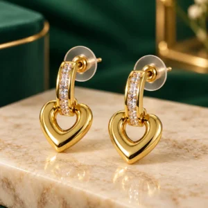 Anti-tarnish gold heart drop earrings with clear crystal detailing