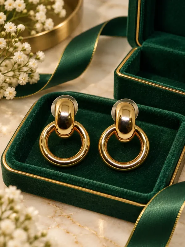 Anti-tarnish gold heart crystal earrings displayed in an emerald jewellery box