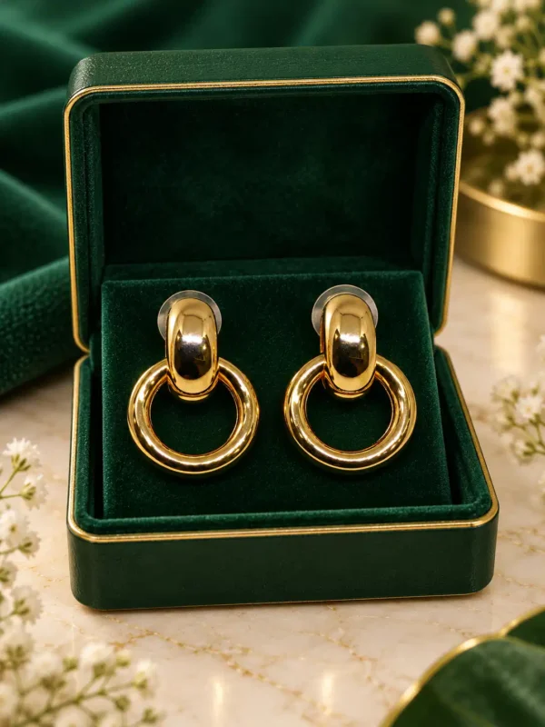 Gold heart crystal drop earrings displayed on a green jewellery stand
