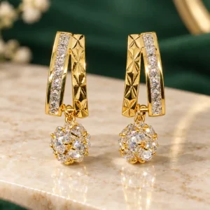 Elara anti-tarnish gold crystal drop earrings with geometric crystal bars and sparkling sphere charms