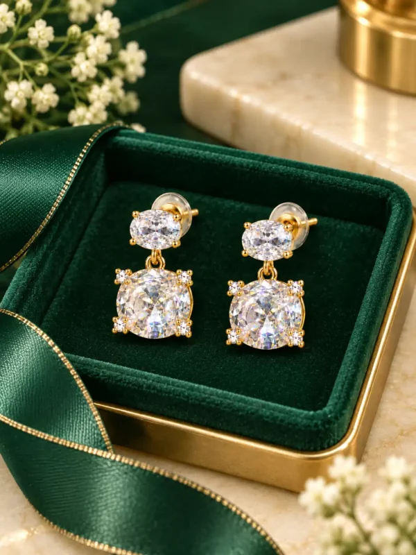 Celeste double crystal drop earrings displayed on dark green velvet with gold setting