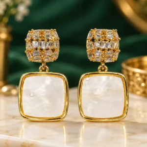 Aurelia anti tarnish pearl-effect square drop earrings in gold with crystal studs