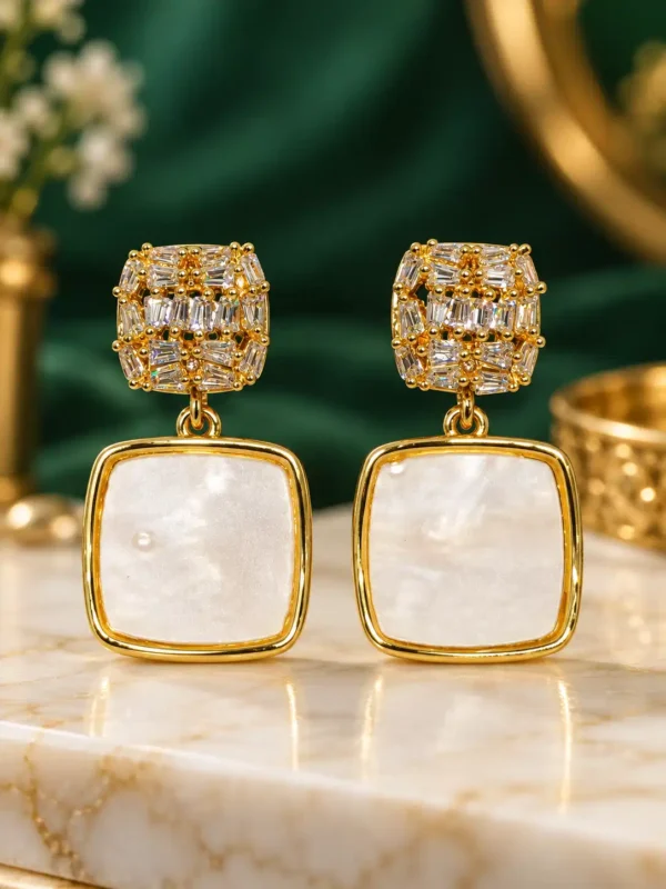 Aurelia anti tarnish pearl-effect square drop earrings in gold with crystal studs