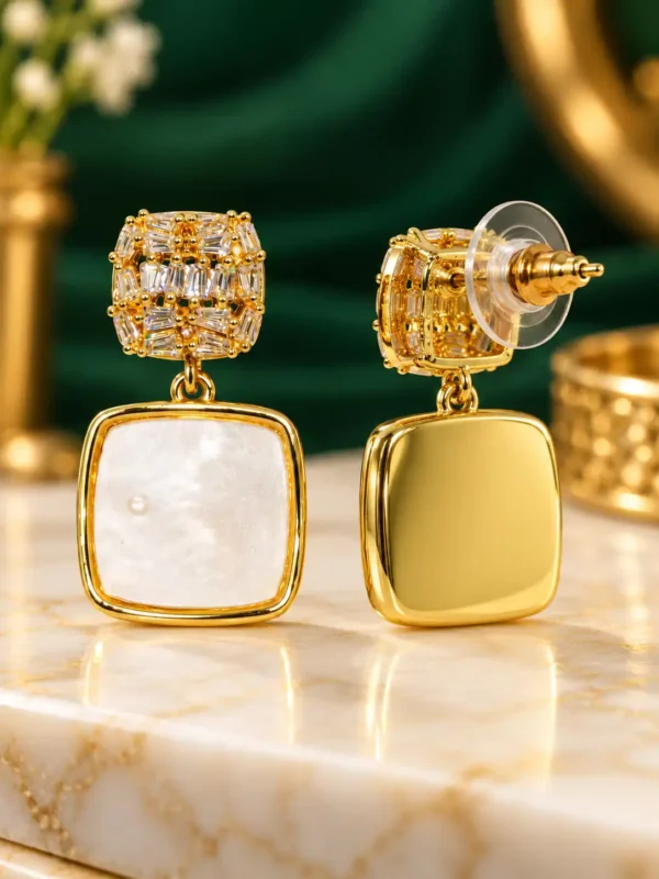 Back and front view of Aurelia gold square drop earrings with post fastening