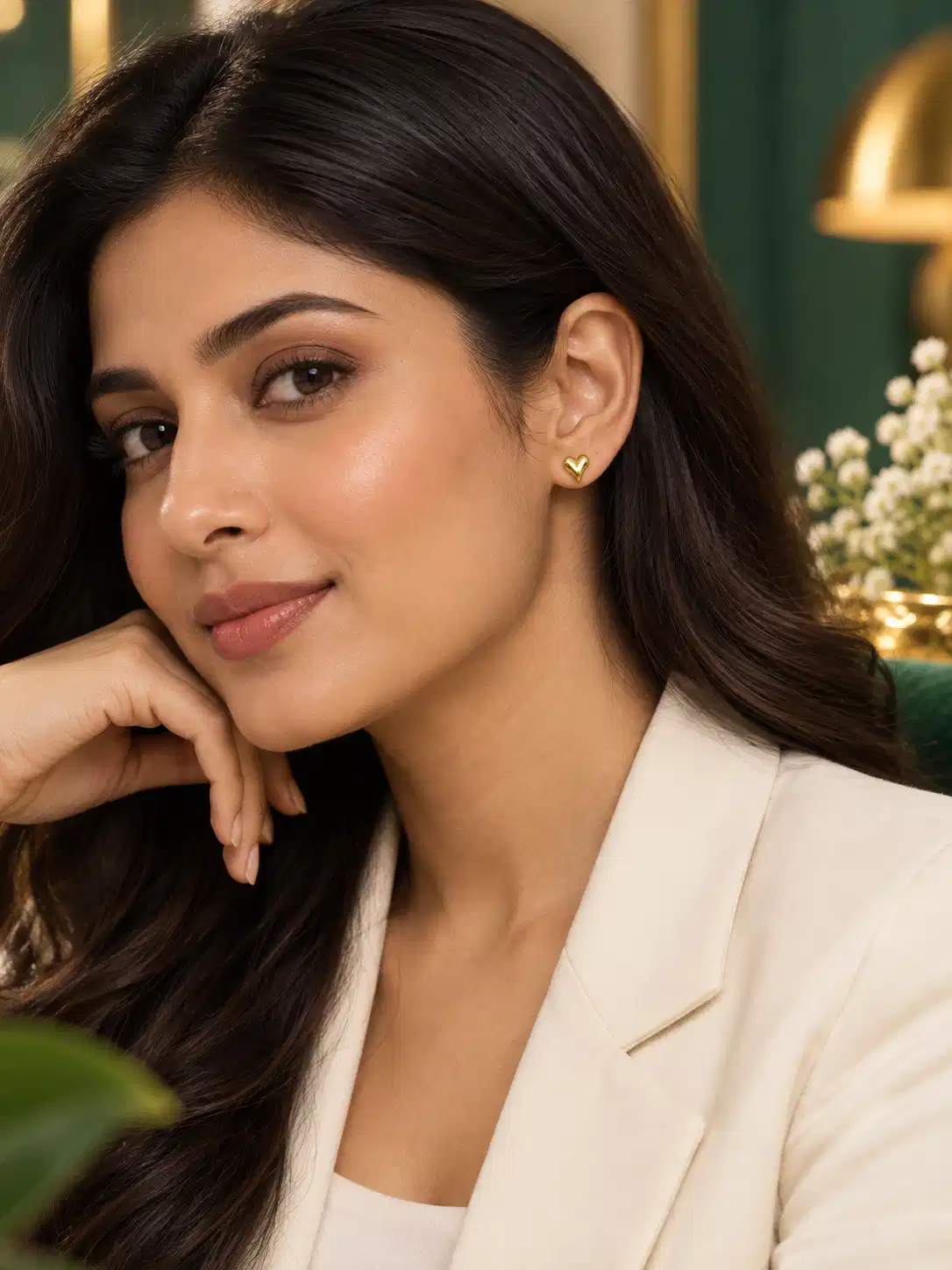 Woman wearing petite gold puffy heart stud earrings with a white blazer