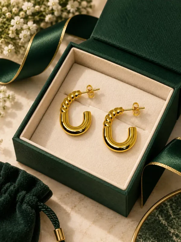 Sculpted gold twist hoop earrings presented in a green jewellery box with premium styling
