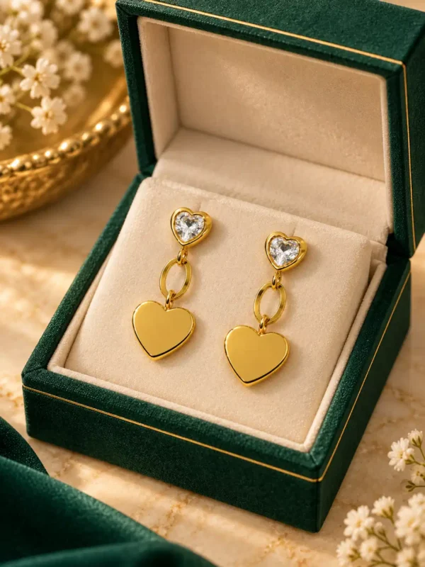 Gold-plated heart drop earrings with CZ heart studs displayed in a green velvet jewellery box