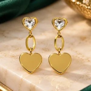Anti-tarnish gold-plated heart drop earrings with sparkling heart-shaped CZ studs and polished heart charms