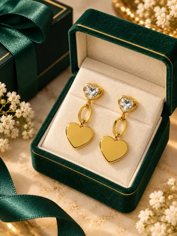 Anti-tarnish gold heart drop earrings displayed in a green jewellery box with ribbon and floral styling
