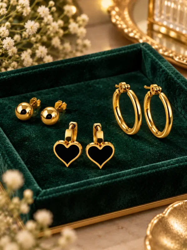 Gold earring trio with black heart earrings, polished hoops and ball studs on green velvet