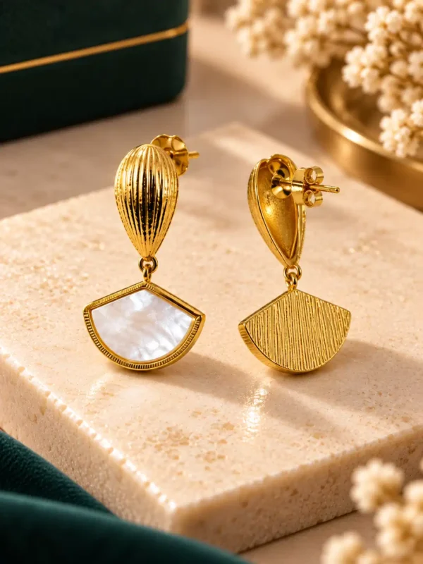 Aurelia shell fan drop earrings showing front and back with push-back closure