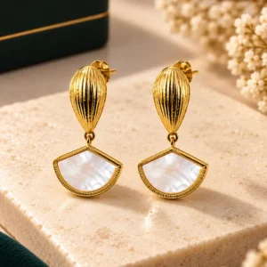 Aurelia anti-tarnish gold shell fan drop earrings with white pearl-style accents