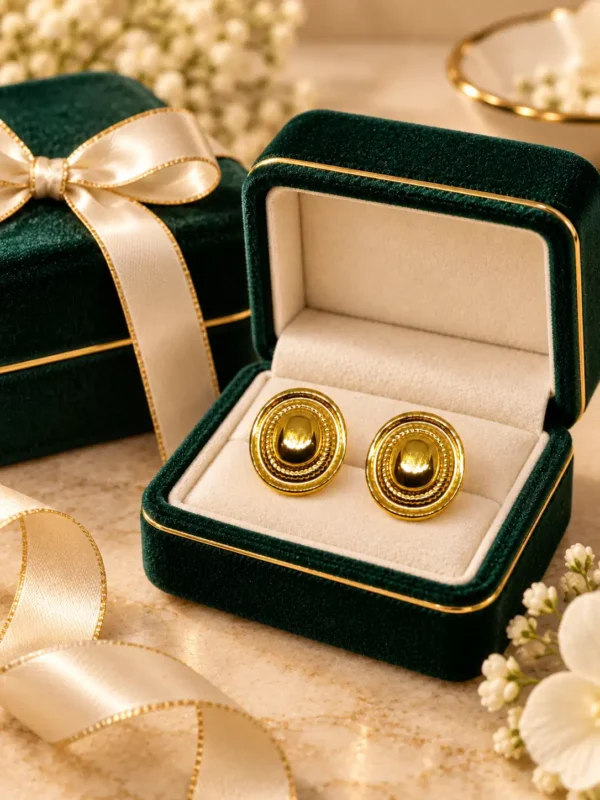 Aurelia anti-tarnish gold textured dome stud earrings displayed in a jewellery box