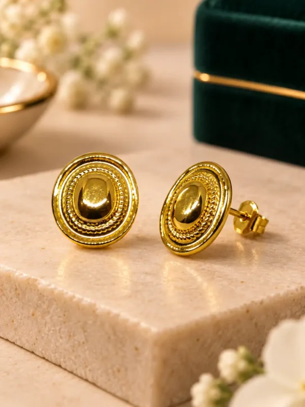 Angled Aurelia gold stud earrings showing textured front, post and push-back closure