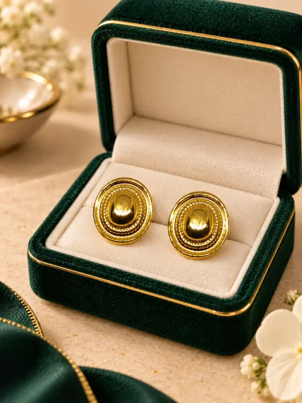 Pair of Aurelia anti-tarnish textured gold stud earrings displayed in an open green jewellery box