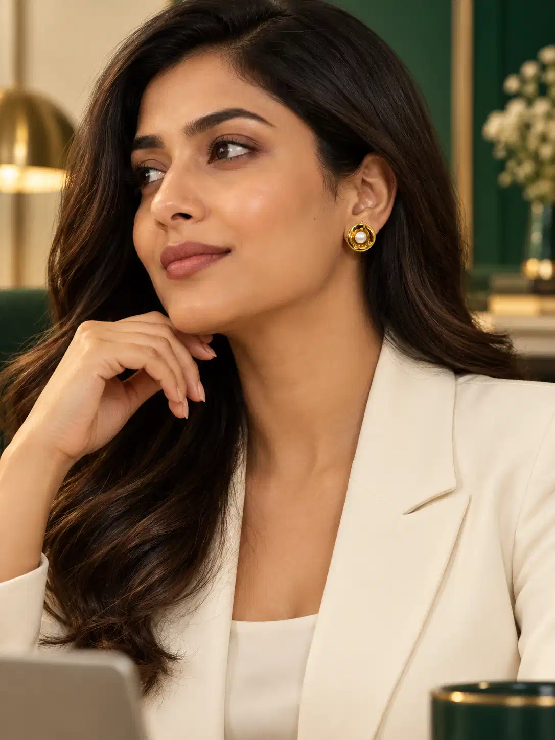 Woman wearing Mira gold pearl stud earrings with a white blazer