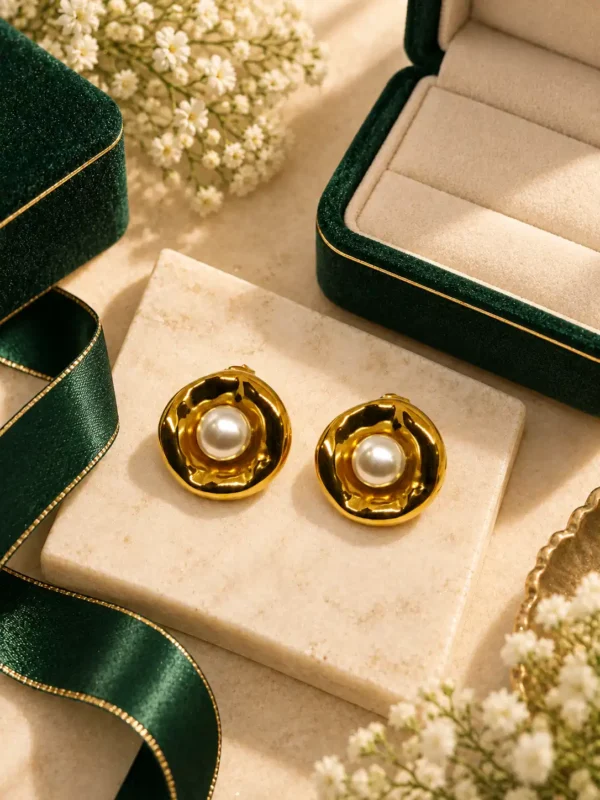 Mira sculpted pearl stud earrings styled with green velvet and flowers