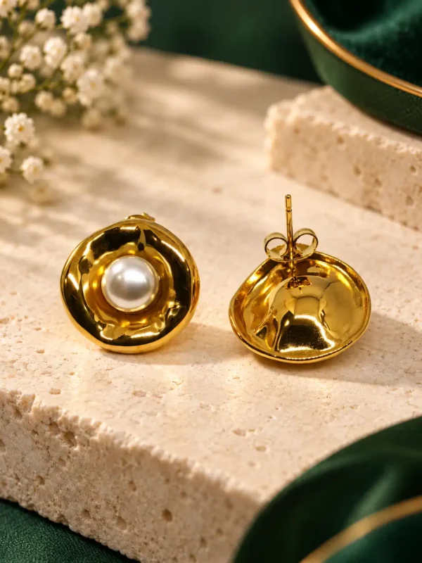 Mira pearl stud earrings showing front design and post back closure